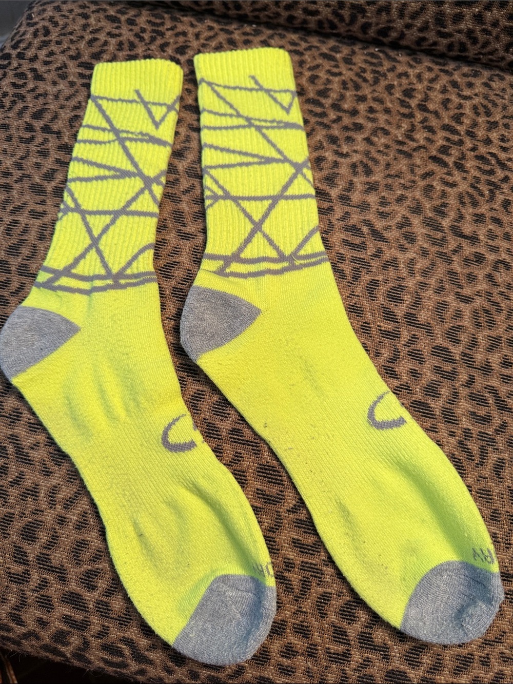 Neon Yellow Geometric Crew Socks - Men’s Size 6-12. Duo Dry.